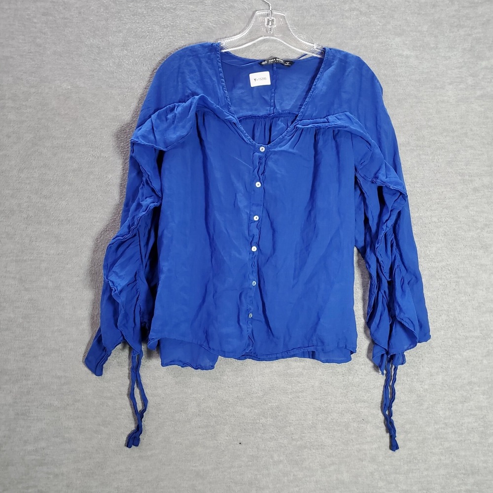 Zara Basic‎ Women Top Medium Blue Blouse Sheer Ruffle & Bow Long Sleeve